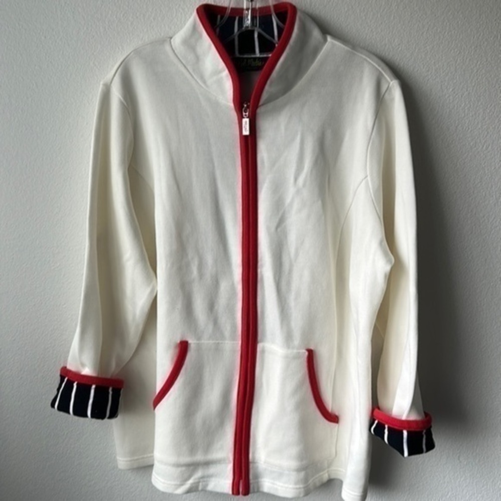 Bob Mackie jacket ivory sweater like jacket with red and striped trim size 1X